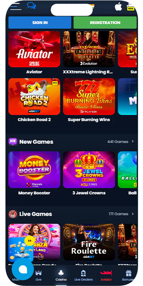 Screenshot of casino games