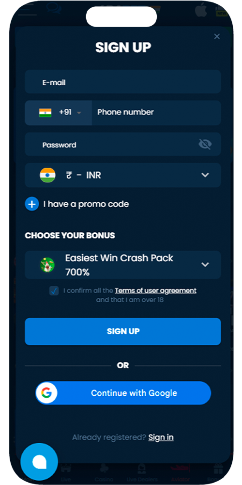 Screenshot of registration